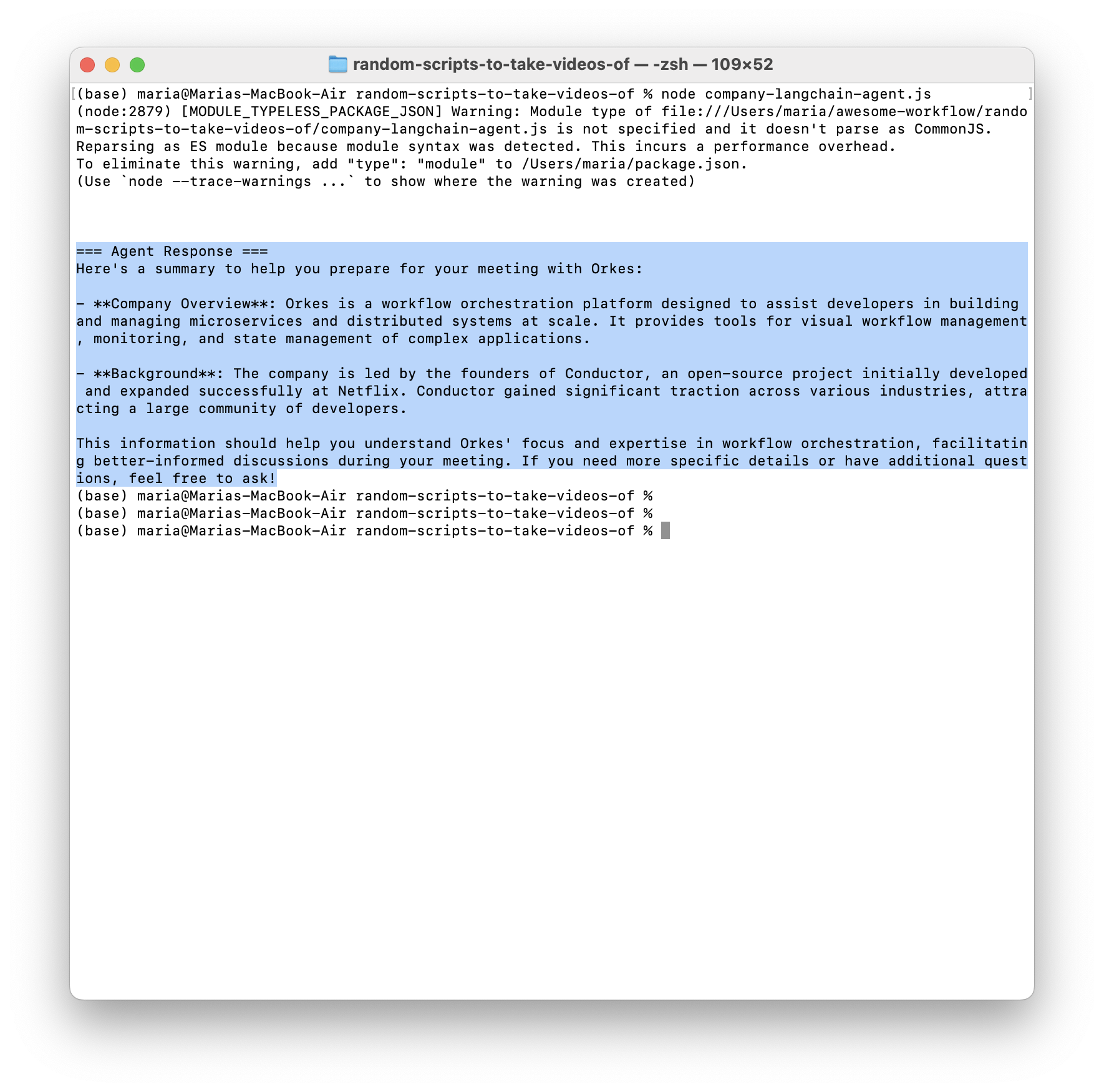 Screenshot of running the agent and showing the result.