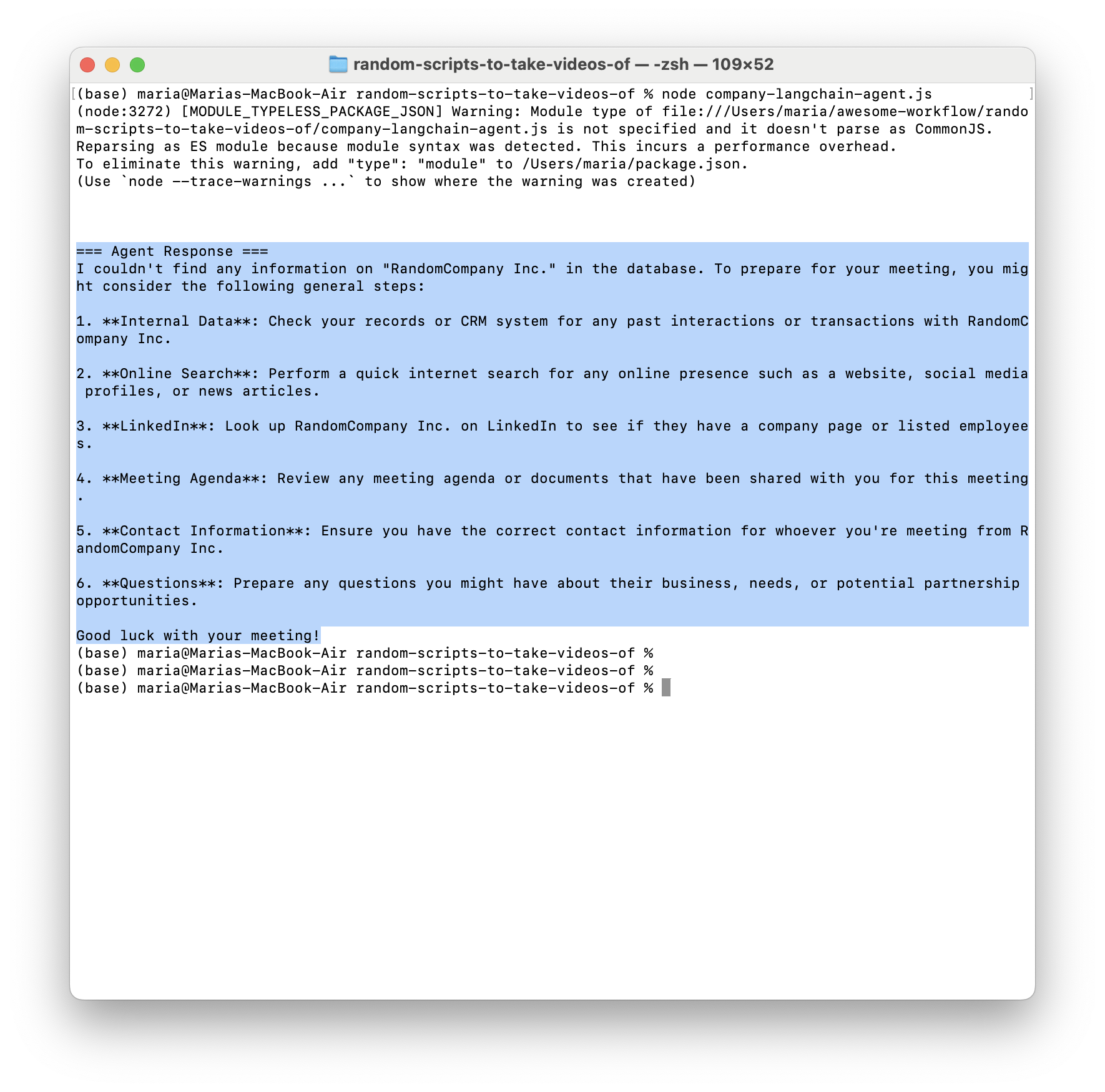 Screenshot of running the agent and showing the result of a slightly different prompt, of a random company.